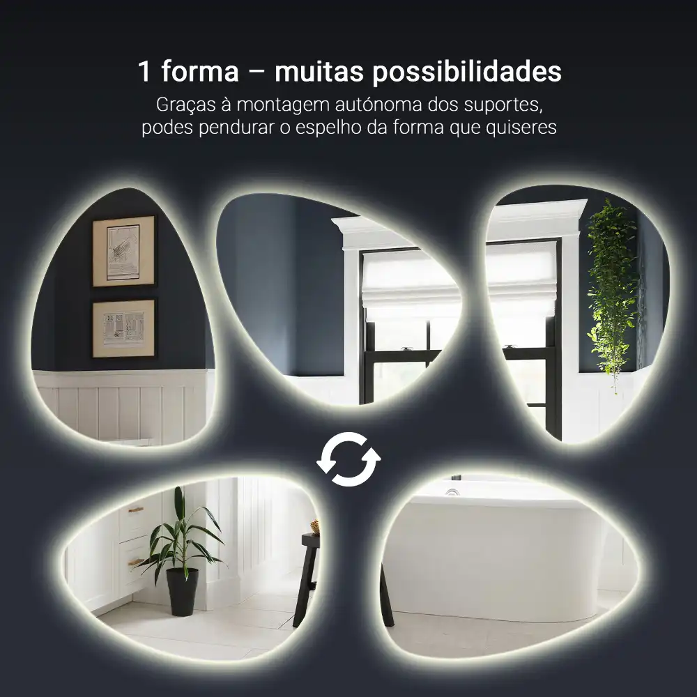 Espelho de parede assimétrico em formato de ovo com iluminação