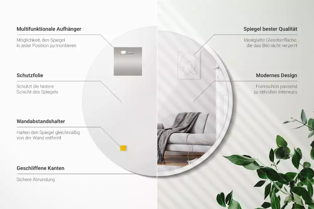 Espelho circular pendurado em moldura branca