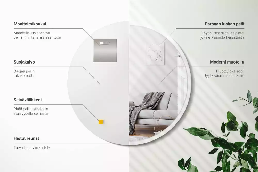 Espelho circular pendurado em moldura branca