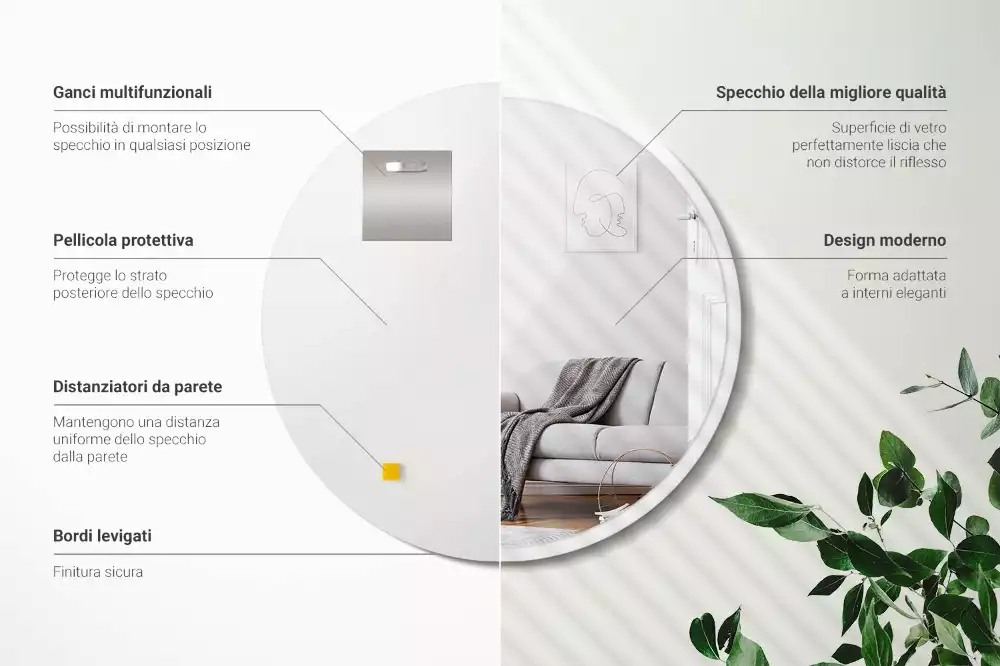 Espelho circular pendurado em moldura branca