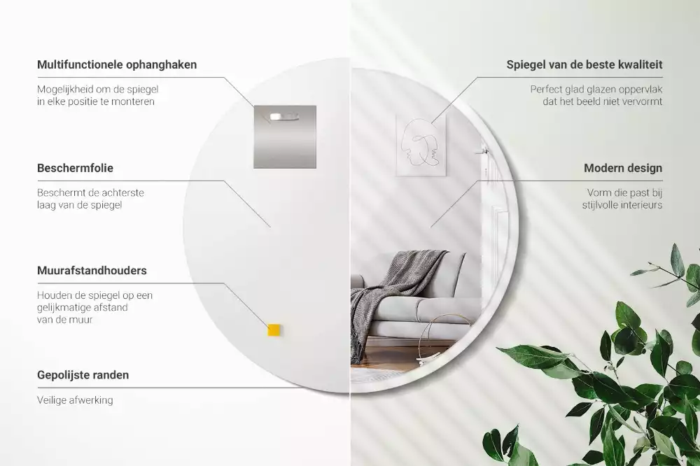 Espelho circular pendurado em moldura branca