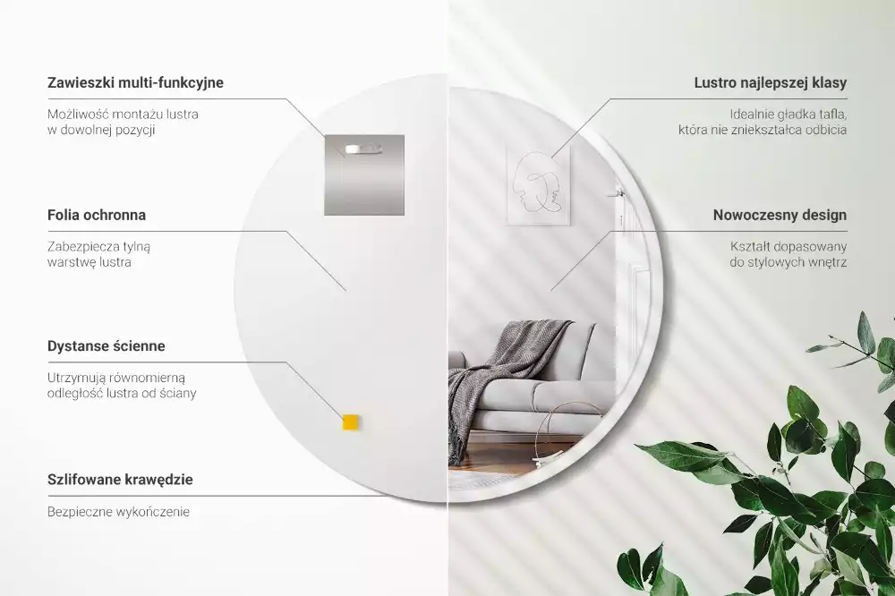 Espelho circular pendurado em moldura branca