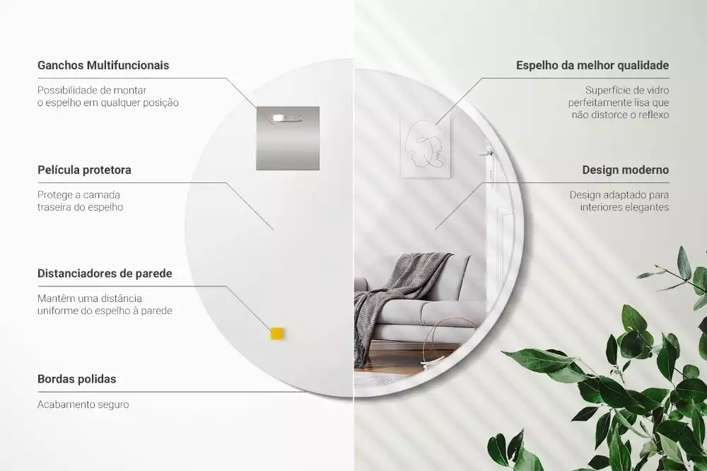 Espelho circular pendurado em moldura branca