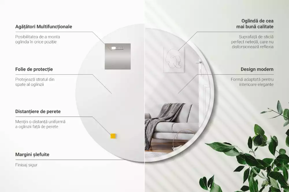 Espelho circular pendurado em moldura branca