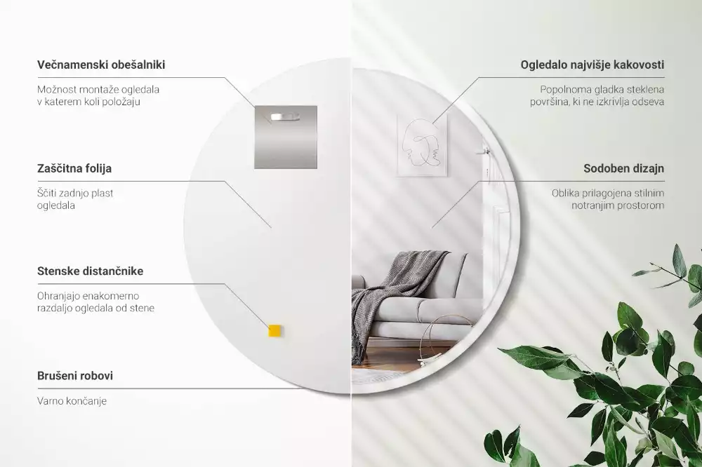 Espelho circular pendurado em moldura branca