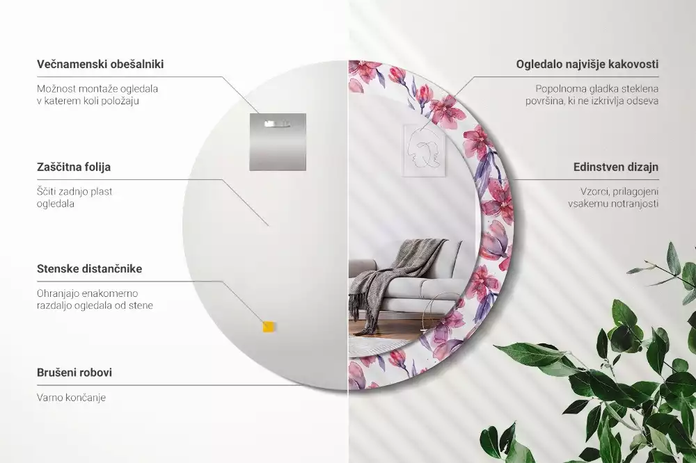 Espelho decorativo redondo Flores em aquarela