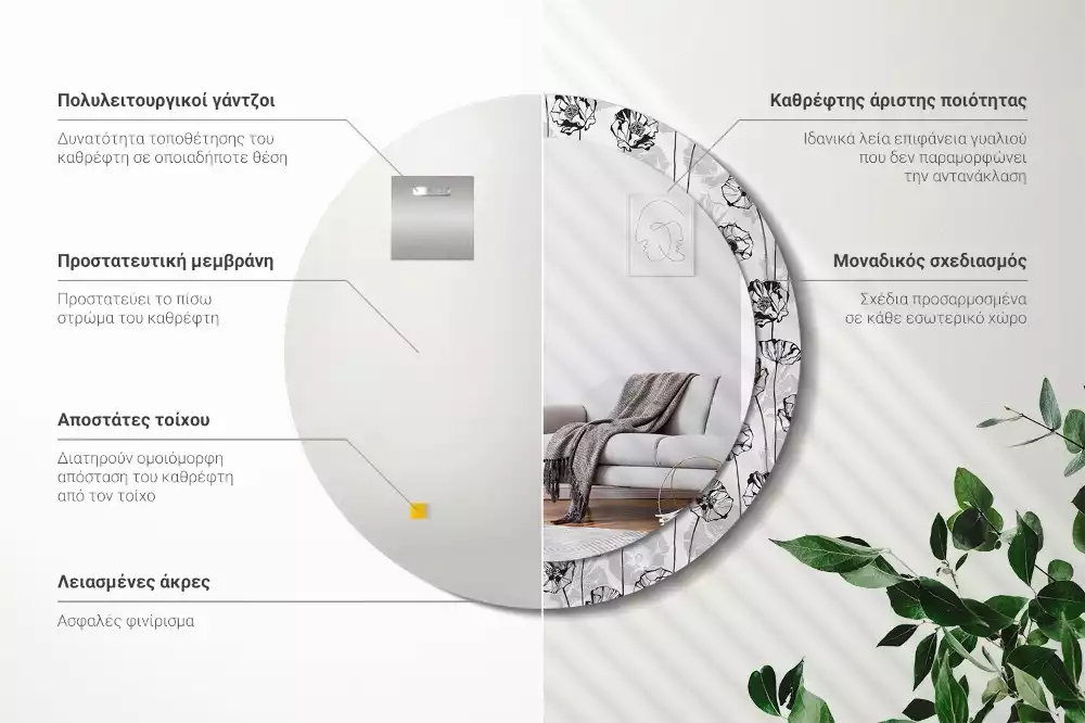 Espelho decorativo redondo Flores de papoula