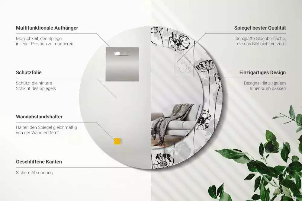 Espelho decorativo redondo Flores de papoula