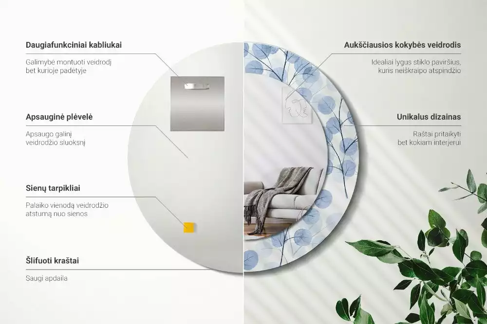 Espelho redondo decorativo Ramos e folhas