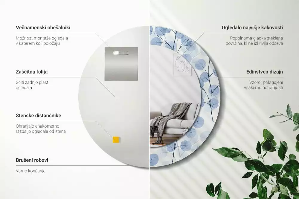 Espelho redondo decorativo Ramos e folhas