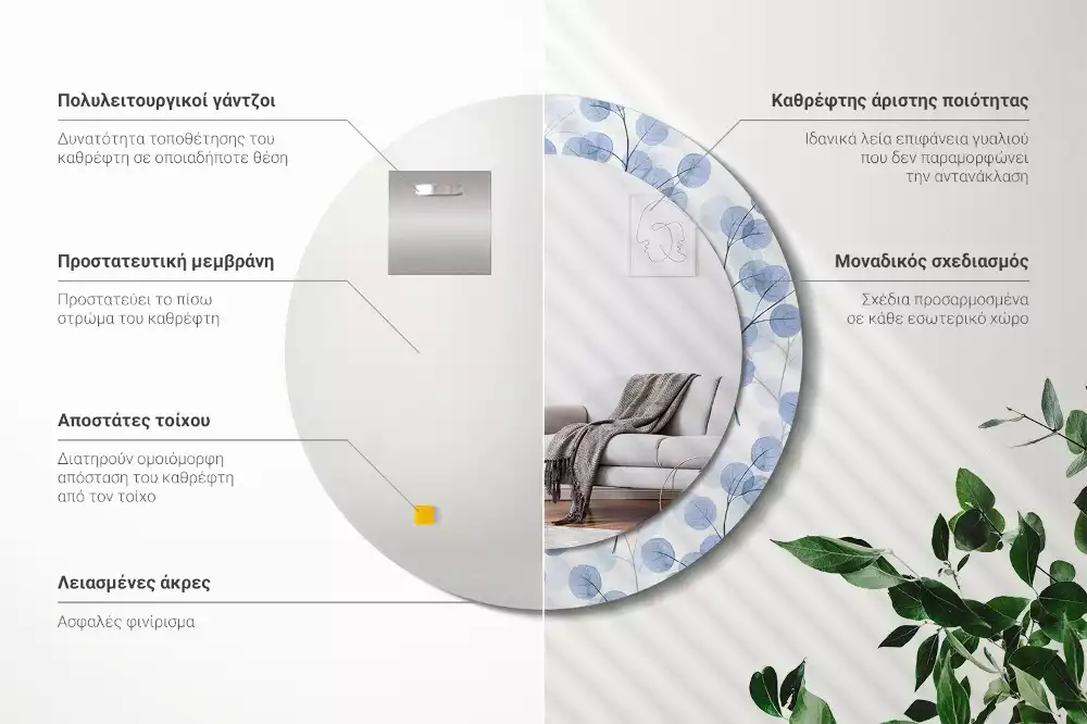 Espelho redondo decorativo Ramos e folhas