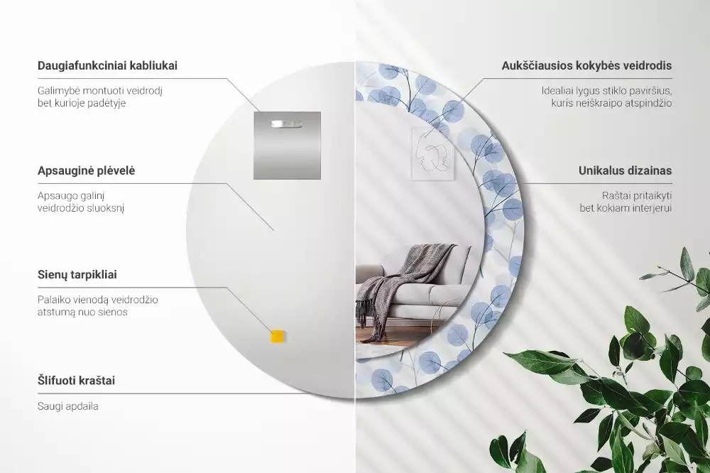 Espelho redondo decorativo Ramos e folhas