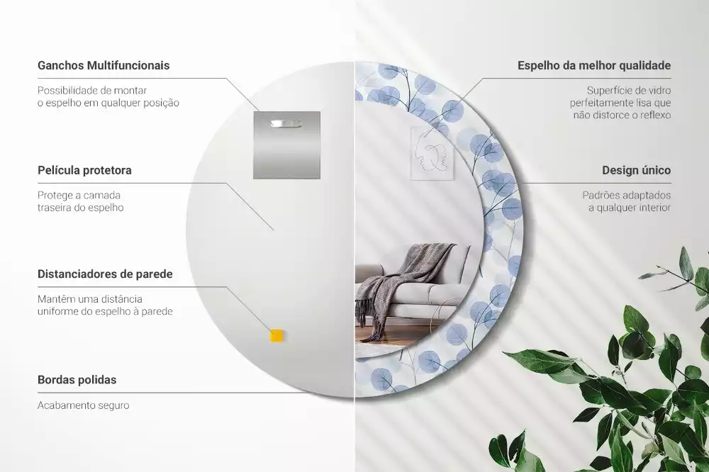 Espelho redondo decorativo Ramos e folhas