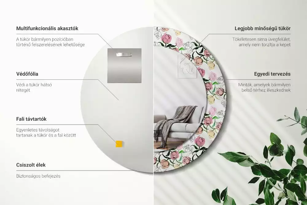 Espelho decorativo redondo Botões de peônia