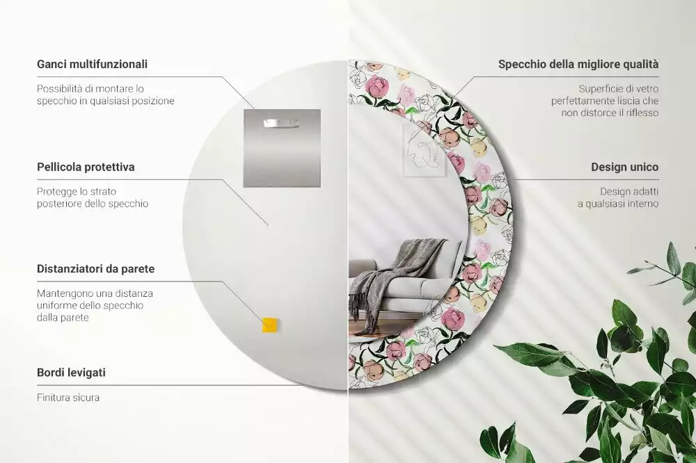 Espelho decorativo redondo Botões de peônia