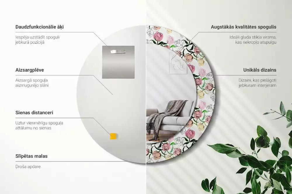 Espelho decorativo redondo Botões de peônia