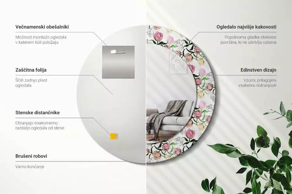 Espelho decorativo redondo Botões de peônia