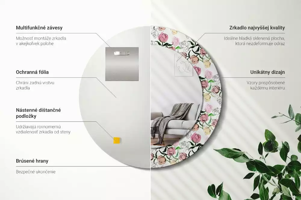 Espelho decorativo redondo Botões de peônia