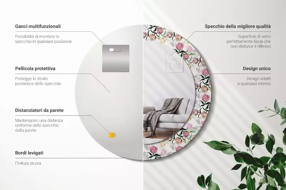 Espelho decorativo redondo Botões de peônia