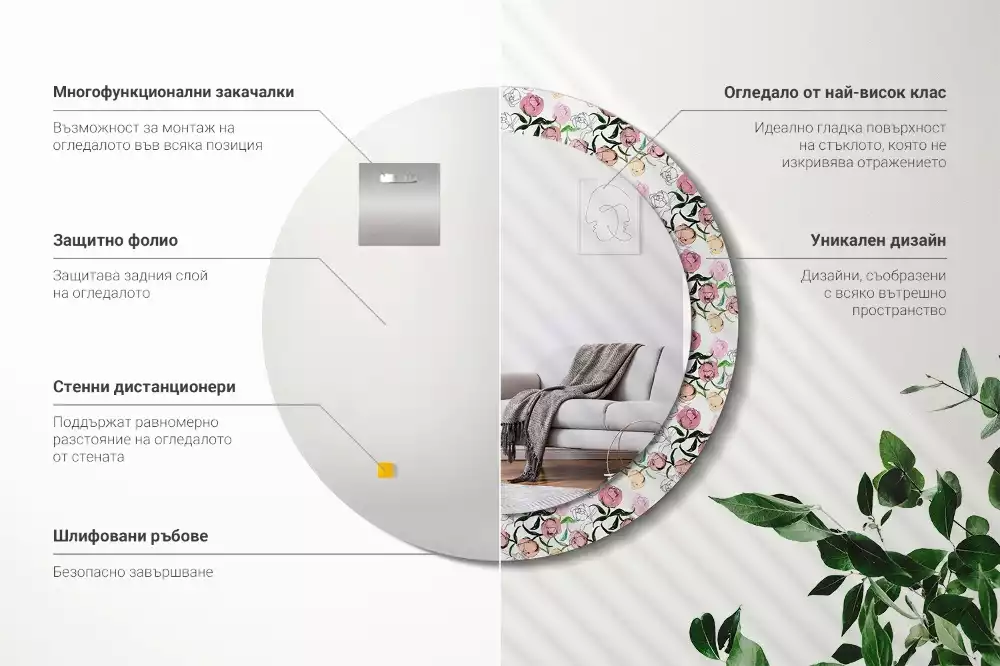 Espelho decorativo redondo Botões de peônia