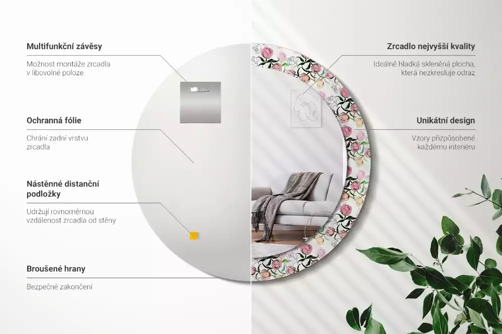 Espelho decorativo redondo Botões de peônia