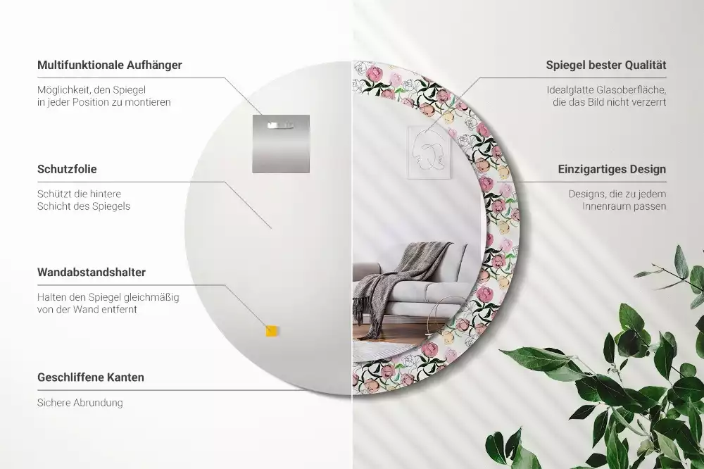 Espelho decorativo redondo Botões de peônia