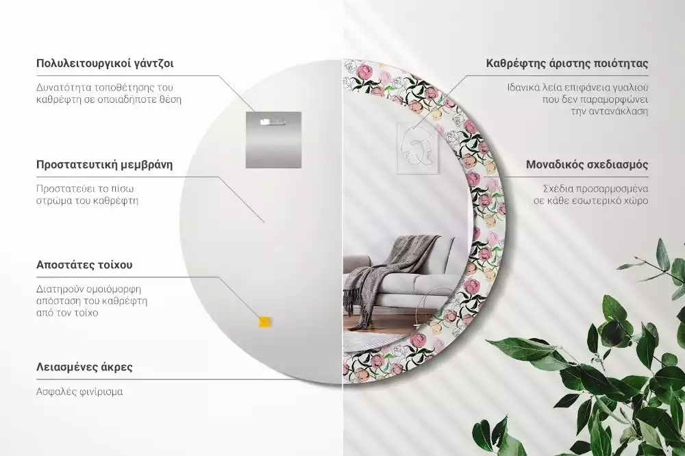 Espelho decorativo redondo Botões de peônia