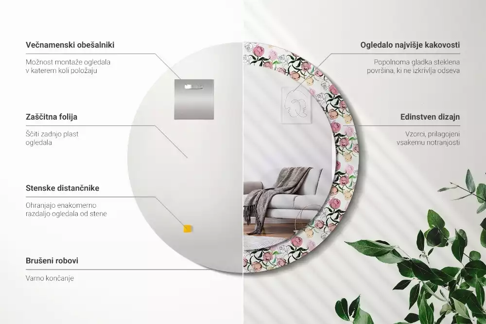 Espelho decorativo redondo Botões de peônia