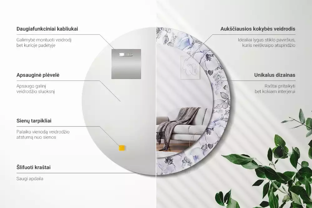 Espelho decorativo redondo Rosas azuis