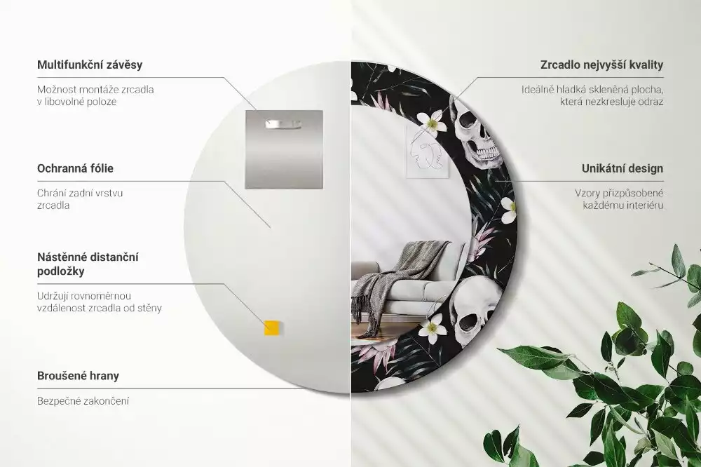 Espelho redondo decorativo Flores de caveira