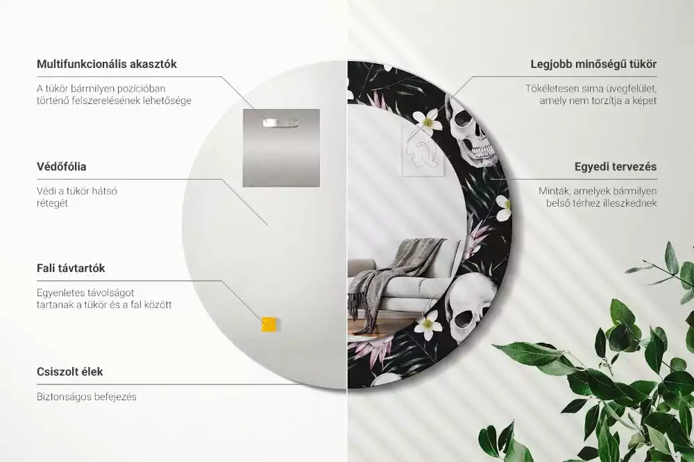 Espelho redondo decorativo Flores de caveira