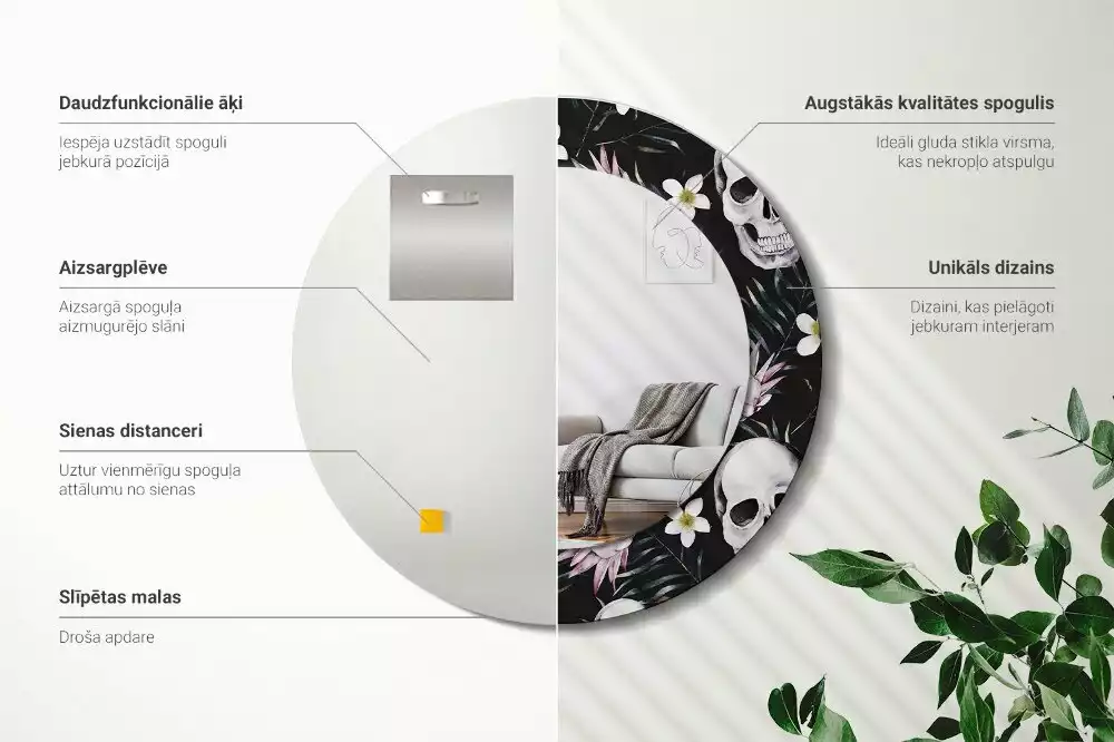 Espelho redondo decorativo Flores de caveira