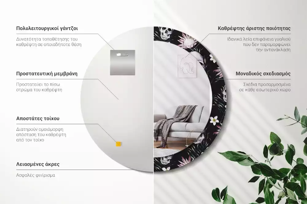 Espelho redondo decorativo Flores de caveira