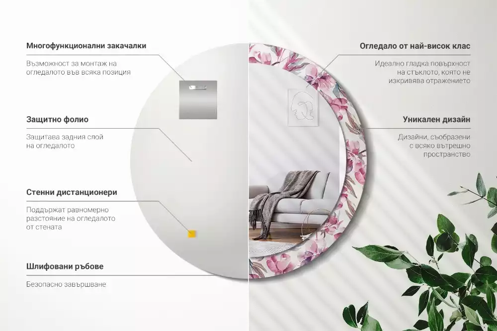 Espelho redondo decorativo Flores de peônia