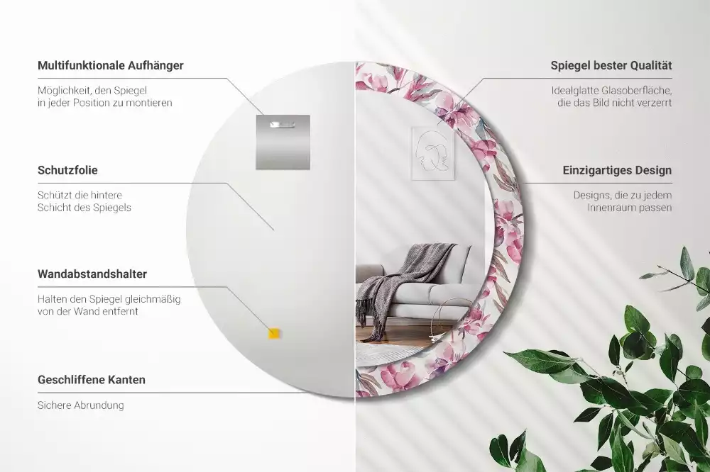 Espelho redondo decorativo Flores de peônia