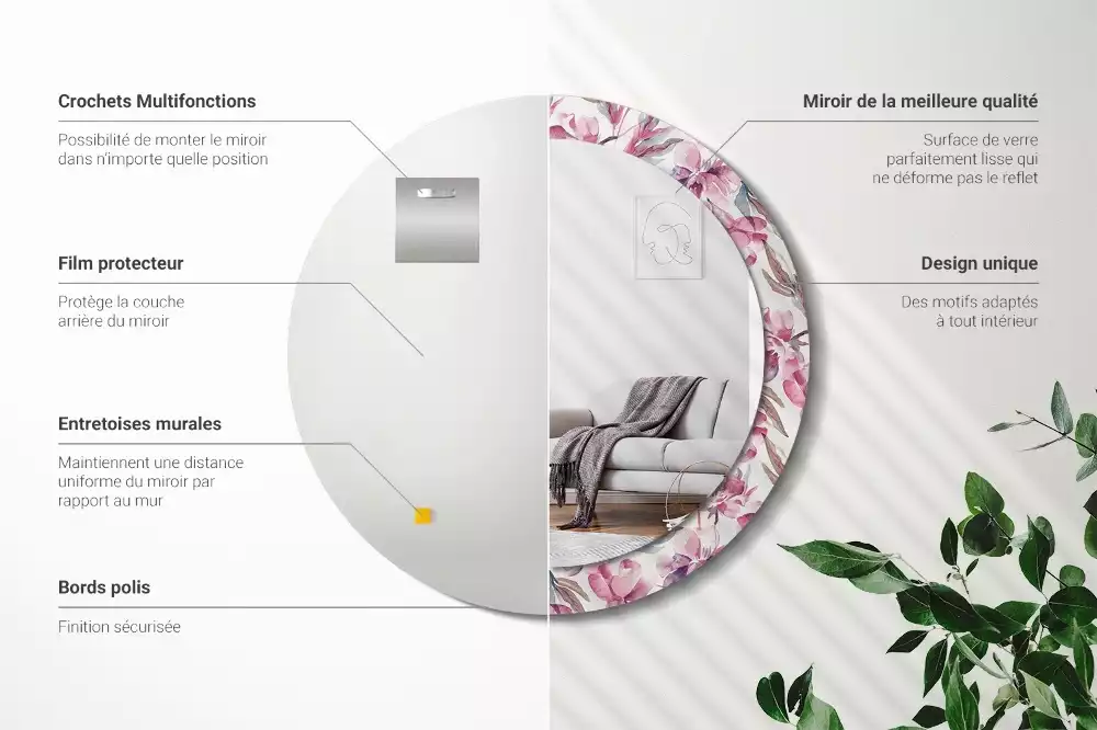 Espelho redondo decorativo Flores de peônia