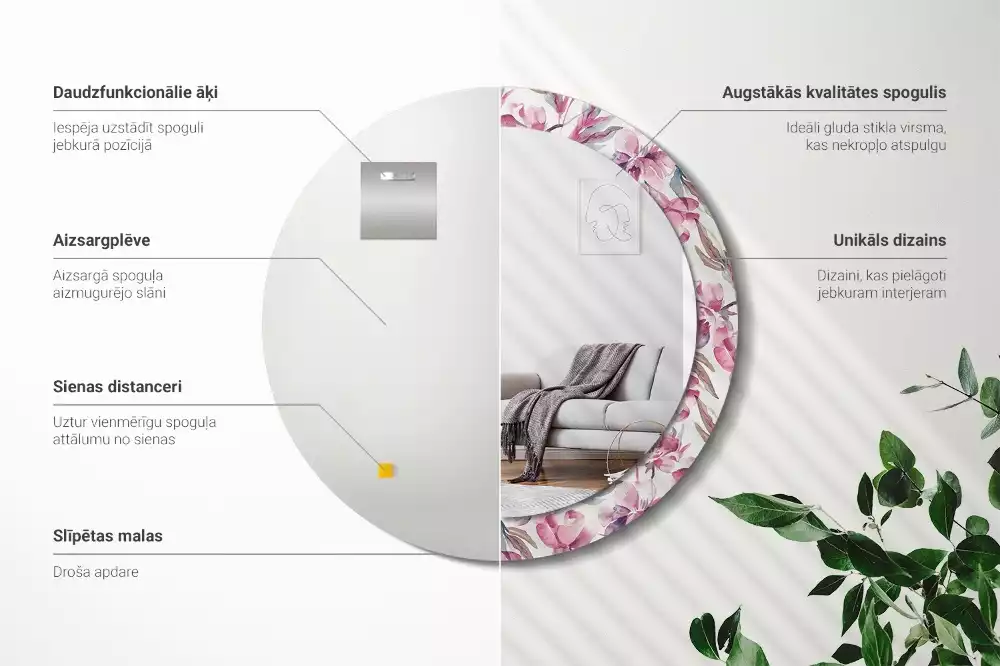 Espelho redondo decorativo Flores de peônia