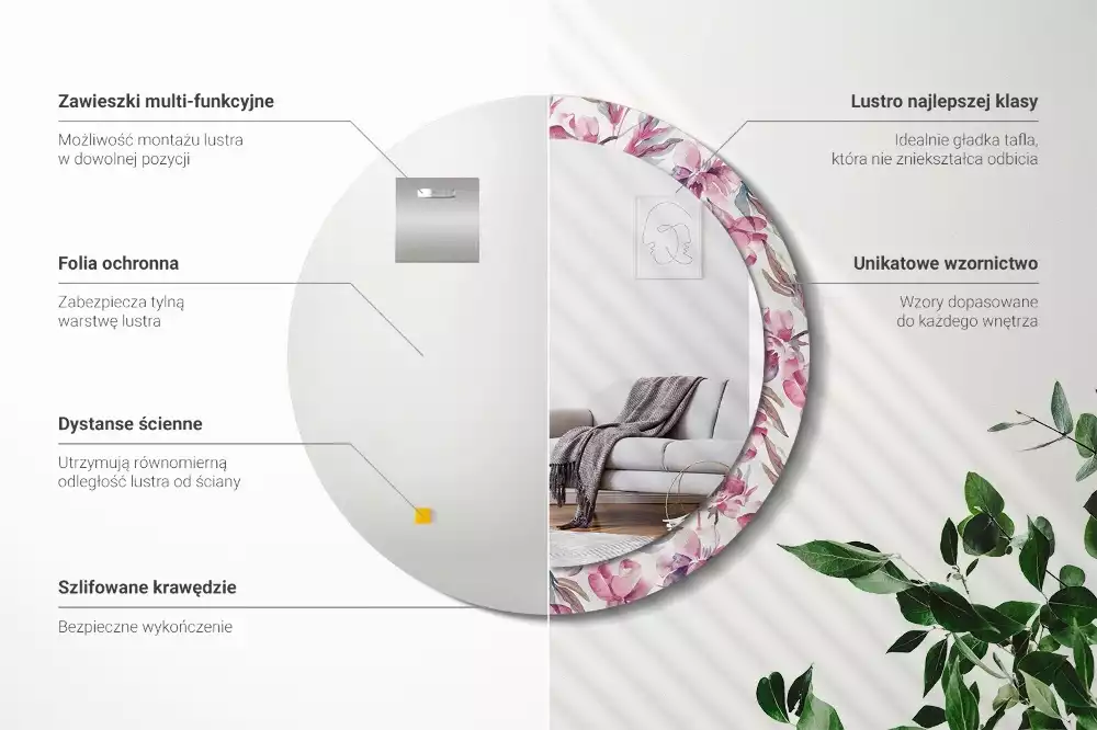 Espelho redondo decorativo Flores de peônia