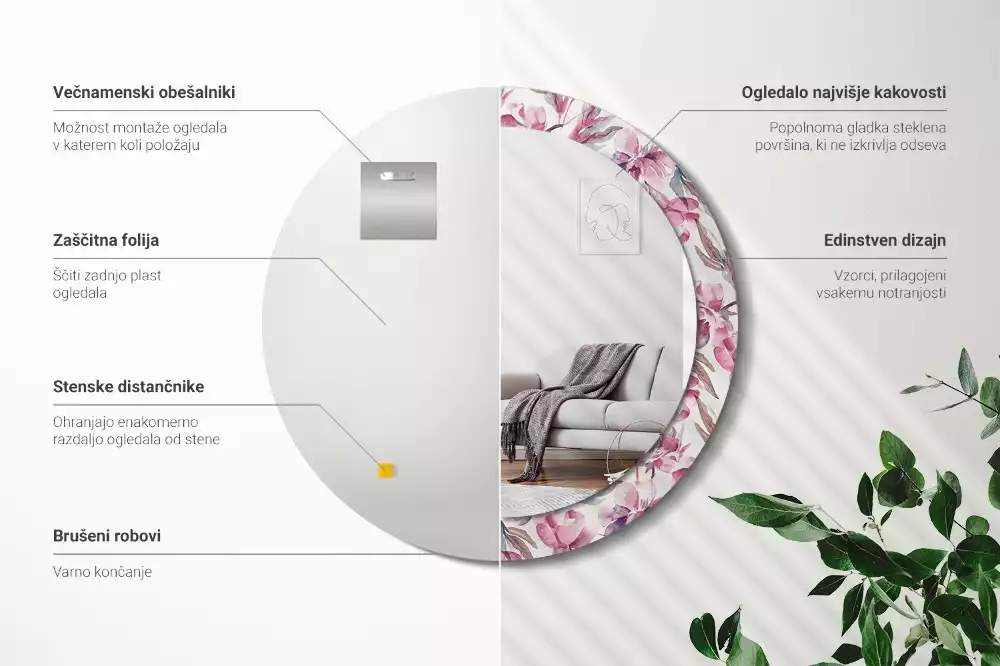 Espelho redondo decorativo Flores de peônia