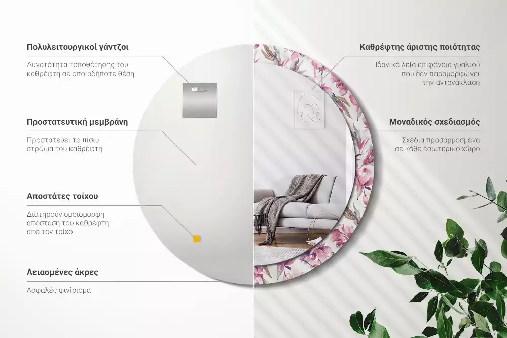 Espelho redondo decorativo Flores de peônia