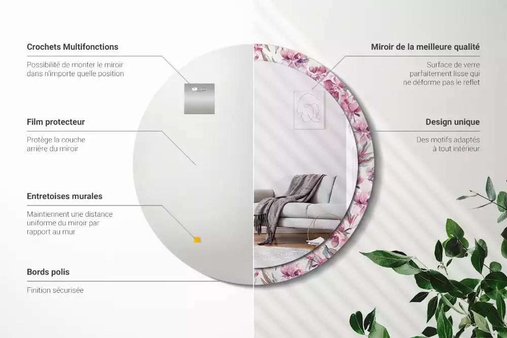 Espelho redondo decorativo Flores de peônia