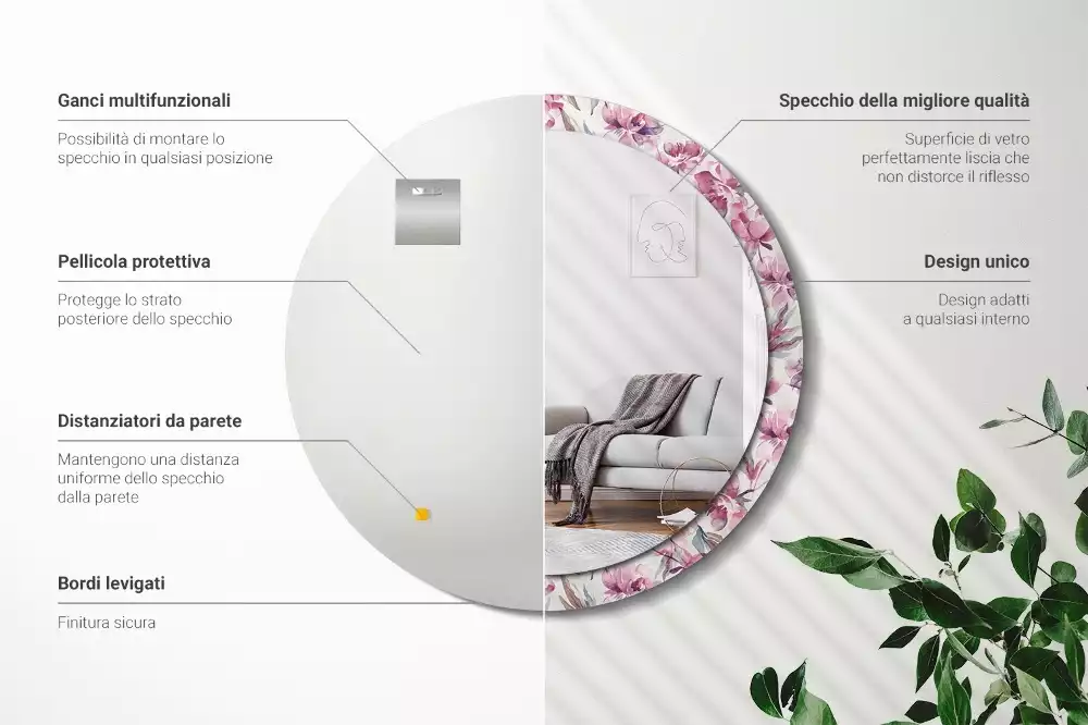 Espelho redondo decorativo Flores de peônia