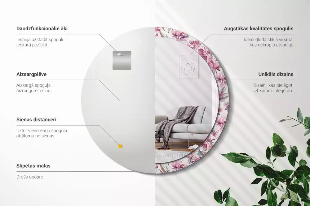 Espelho redondo decorativo Flores de peônia