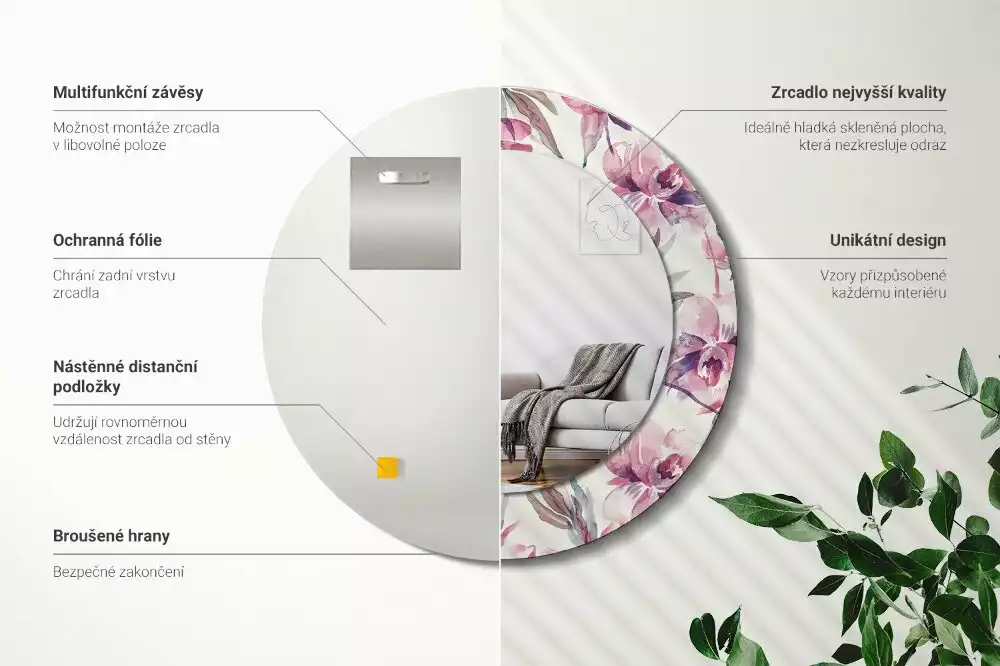 Espelho redondo decorativo Flores de peônia