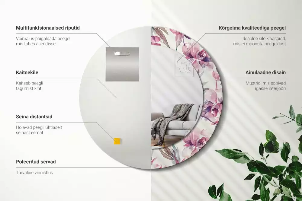 Espelho redondo decorativo Flores de peônia