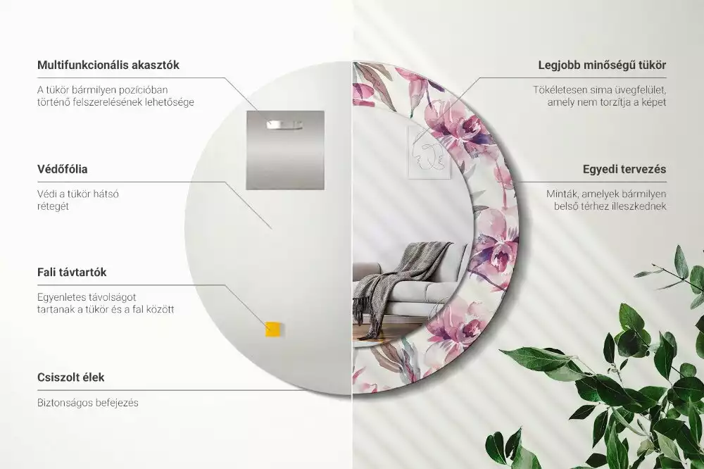 Espelho redondo decorativo Flores de peônia