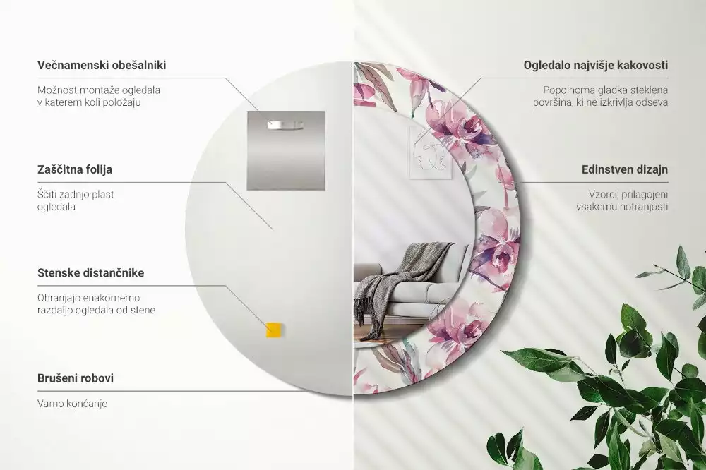 Espelho redondo decorativo Flores de peônia