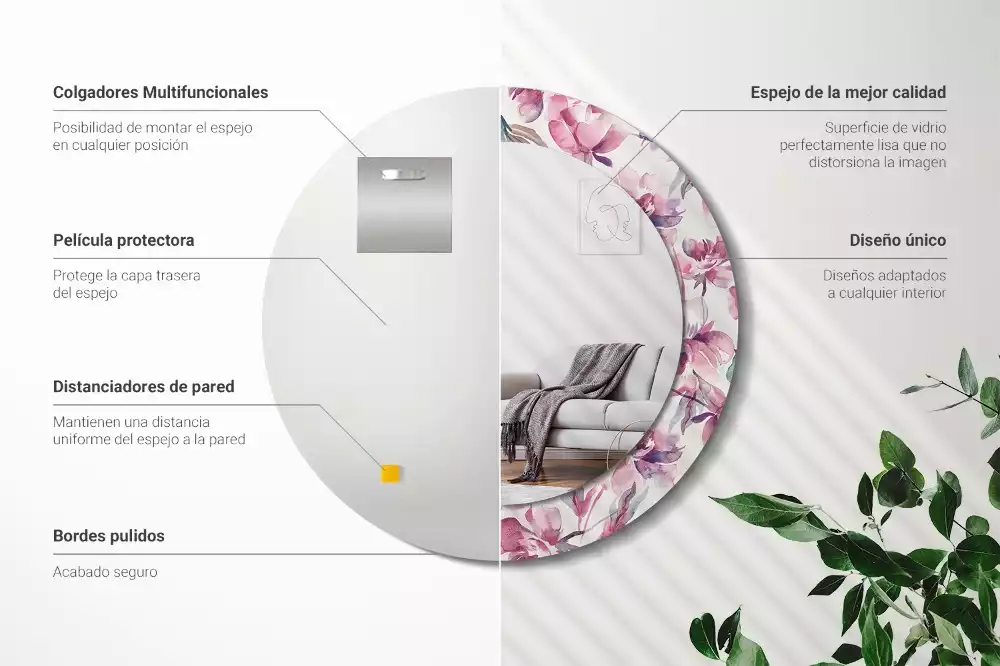 Espelho redondo decorativo Flores de peônia