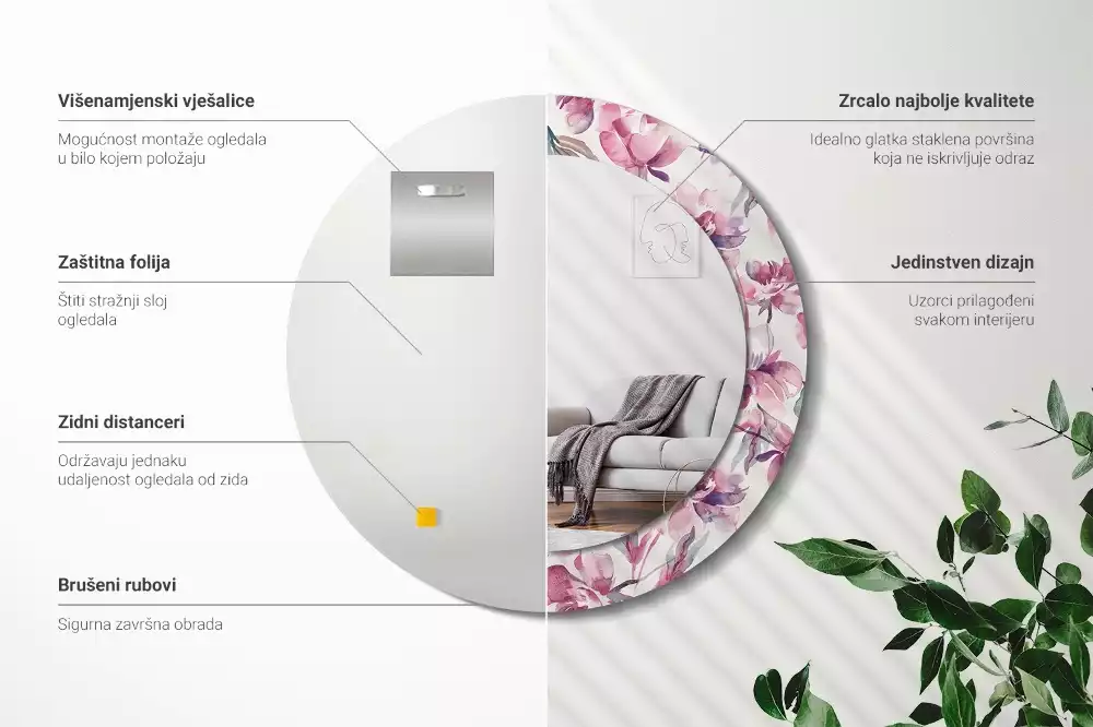 Espelho redondo decorativo Flores de peônia