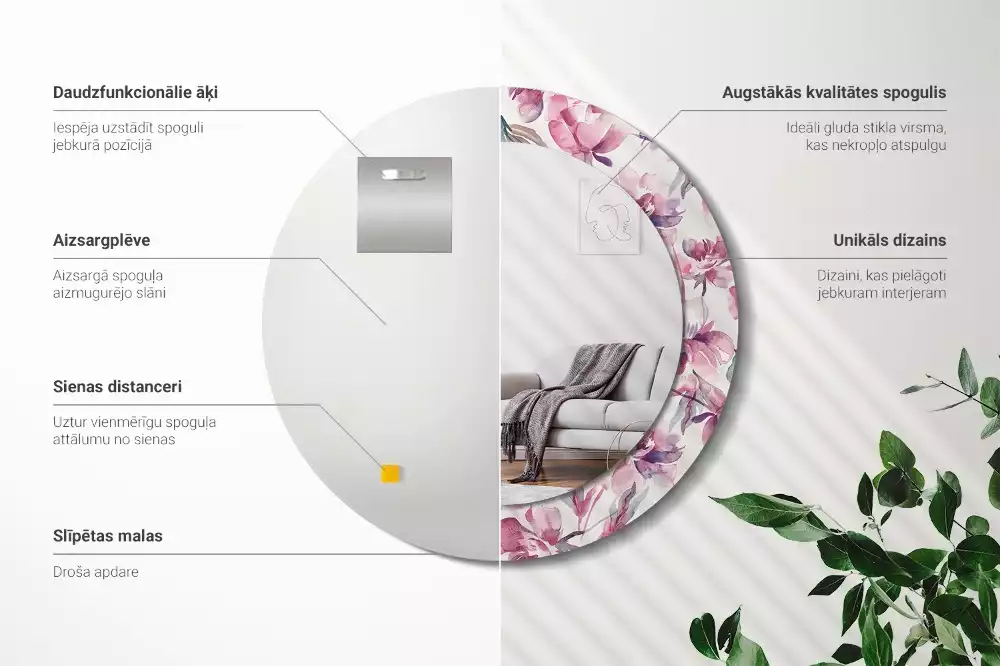 Espelho redondo decorativo Flores de peônia